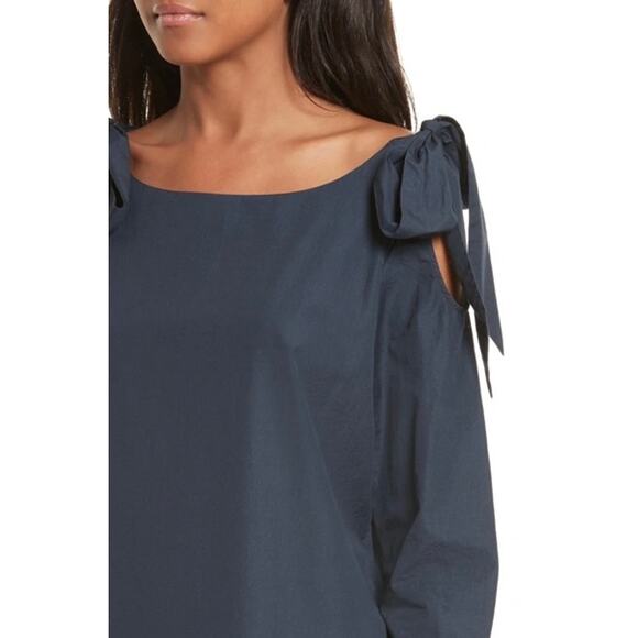 FRAME Bow Cold Shoulder Cotton Blouse In Navy Size M NWOT - Picture 2 of 9